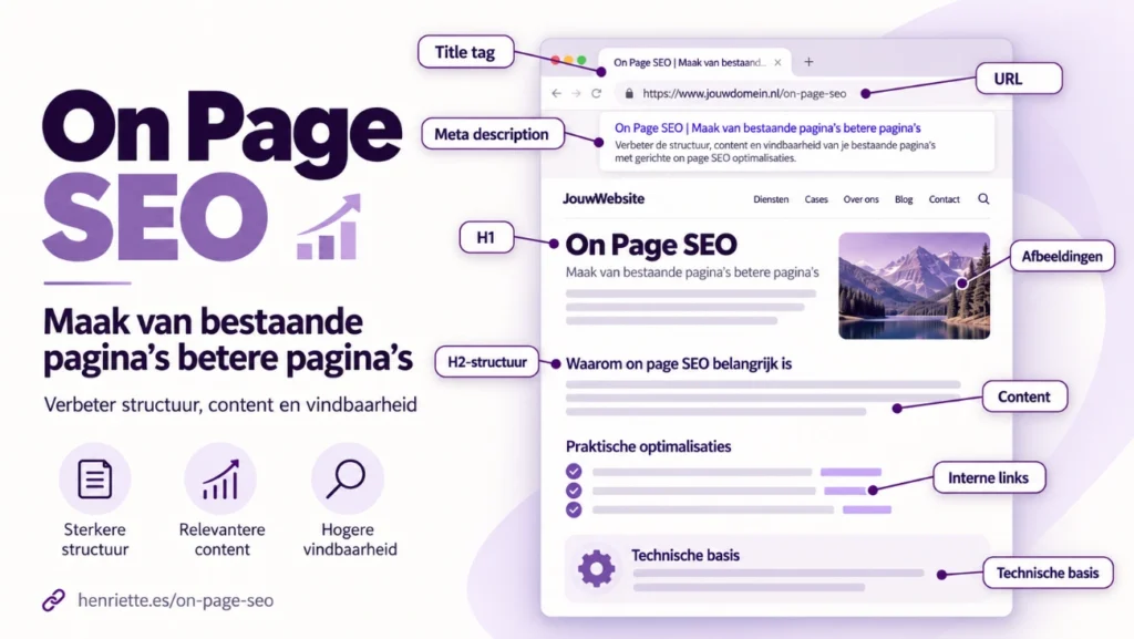 On-page SEO optimization including H1, H2, content, meta description and internal links